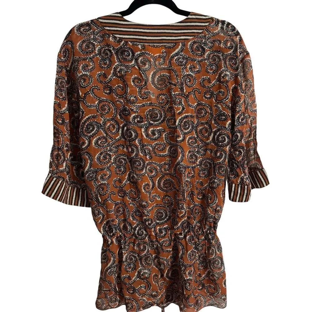 Tory Burch Brown Paisley Tunic with Black and Cream Stripes